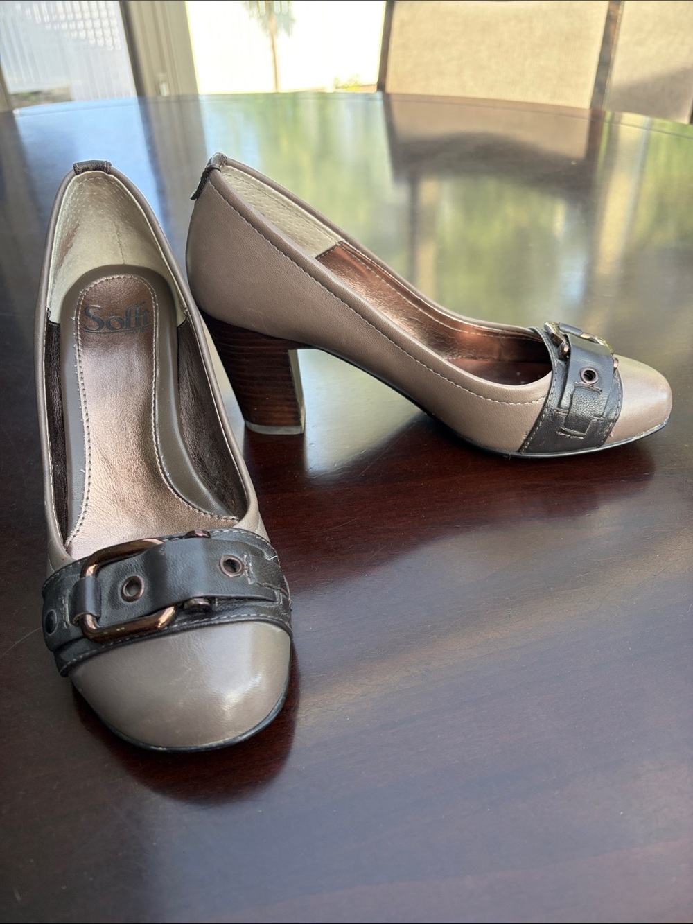 Sofft Taupe Pumps with Black Buckle Strap